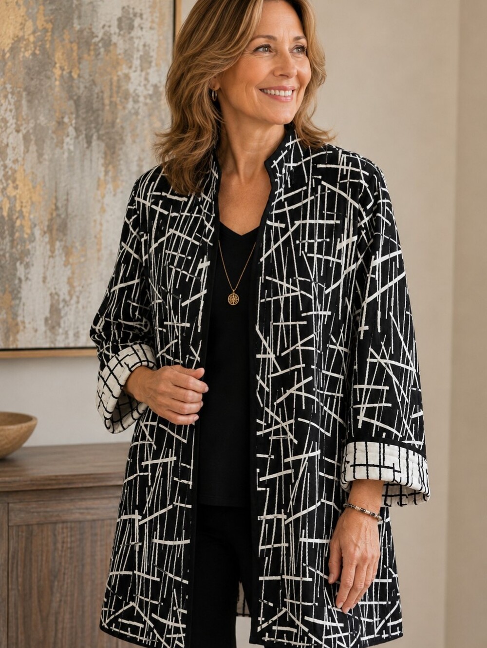 Winding River Black & White Patterned Open Lagenlook Jacket Large Reversible